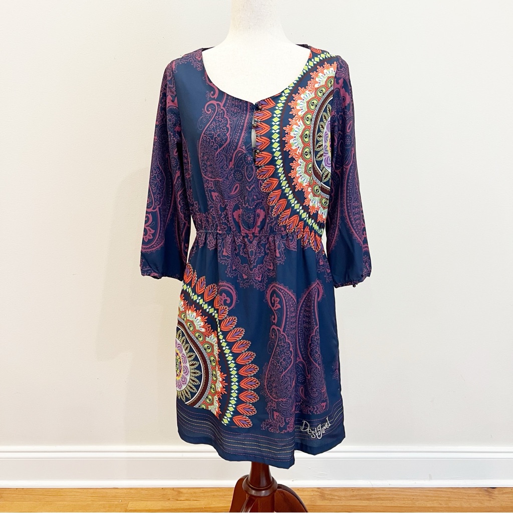 Desigual Dress Womens 40 Small Colorful Paisley Medallion Print Rainbow Boho